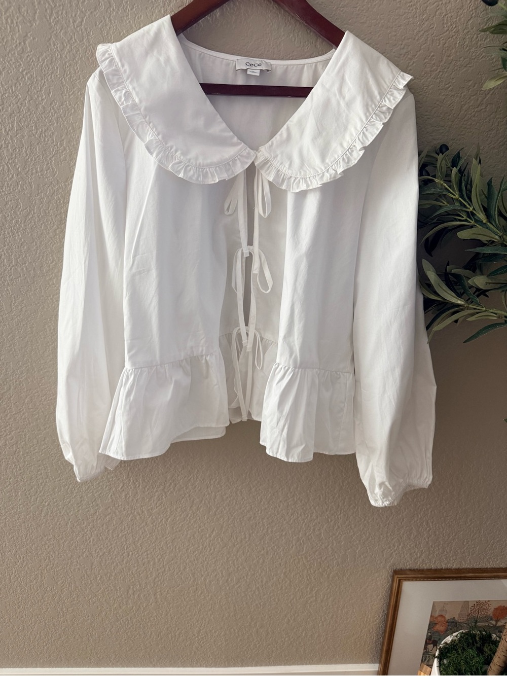 CeCe White Cotton Ruffle Collar Bow Tie Peplum Blouse XL